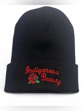 Yupoong Classic Black Knit Beanie with Indigenous Beauty& Rose embroidered - OSM